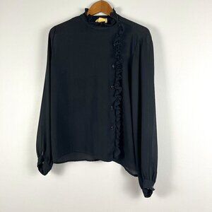 Vintage Elite 70’s blouse long sleeves button shirt shear ruffle black size 16